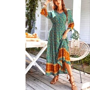 Wandering Gypsy Maxi Boho Dress Color block Spell Love Bohemian Cottagecore Chic